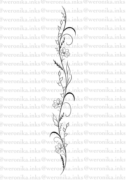 Floral & Line Work Spine Tattoo