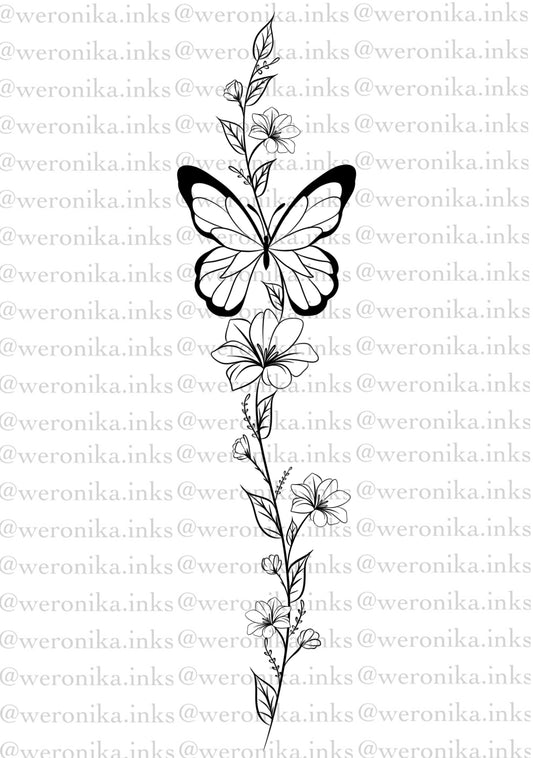 Butterfly & Floral Spine Tattoo