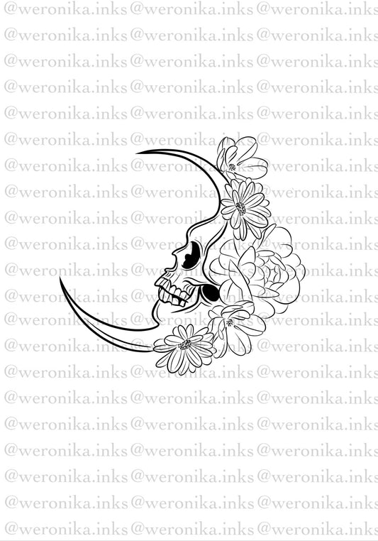 Skull moon & floral tattoo