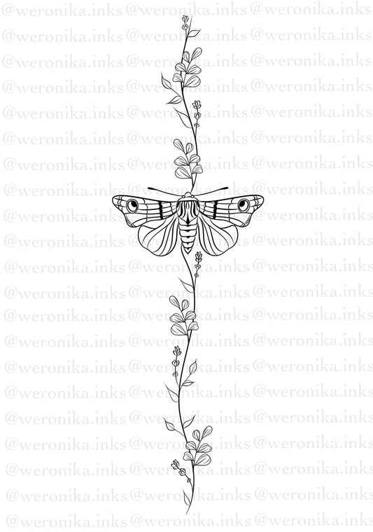 Moth & Vines Spine Tattoo